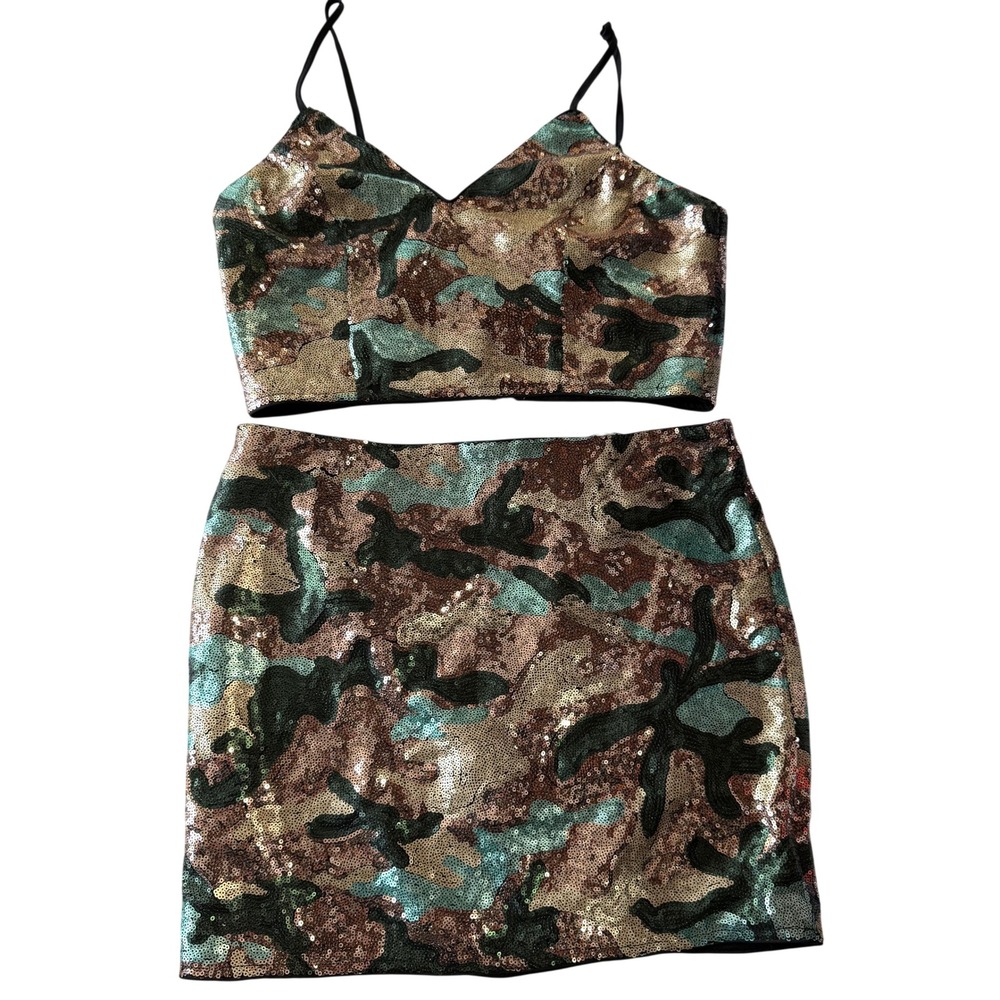 Lulumari Womens Camo Sequin 2 Piece Set Crop Top Mini Skirt Green Gold Large
